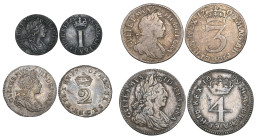 William III, mixed date set of four small silver coins, comprising fourpence, 1699, very fine, threepence, about fine, twopence, 1701, virtually as st...