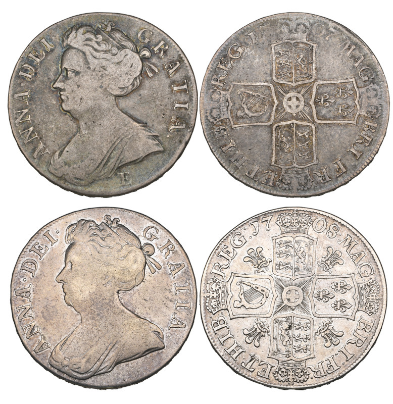 Anne, crowns (2), 1707 E SEXTO (E.S.C. 1351; S. 3600), about fine and 1708 SEPTI...