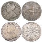 Anne, crowns (2), 1707 E SEXTO (E.S.C. 1351; S. 3600), about fine and 1708 SEPTIMO, rev., plumes in angles (E.S.C. 1347; S. 3602), portrait rather wea...