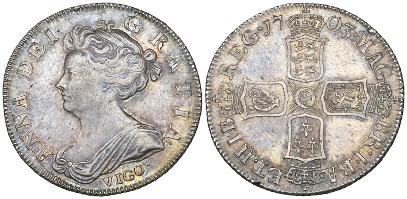 Anne, shilling, second bust, 1703 VIGO (E.S.C. 1388; S.3586), minor metal flaw o...