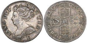 Anne, After Union with Scotland, shilling, 1707 E, third bust, O for 0 in date, rev., wide shields, 7 strings to harp (E.S.C. 1426; S. 3612), adjustme...