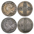 Anne, shillings (2), 1707 E wide shields, 1707 E narrow shields (E.S.C. 1426, 1427; S. 3612), first very fine, second with several surface knocks, oth...