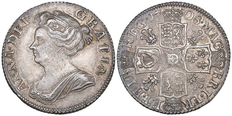 Anne, shilling, 1708 plumes, third bust (E.S.C. 1400; S. 3611) good very fine to...