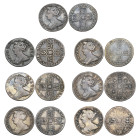 Anne, sixpences (7), comprising: 1703 VIGO, 1707 (Before Union) roses and plumes, 1707 (After Union) plain, 1707 E, 1708 E, 1708 Eê, 1711 large lis (E...