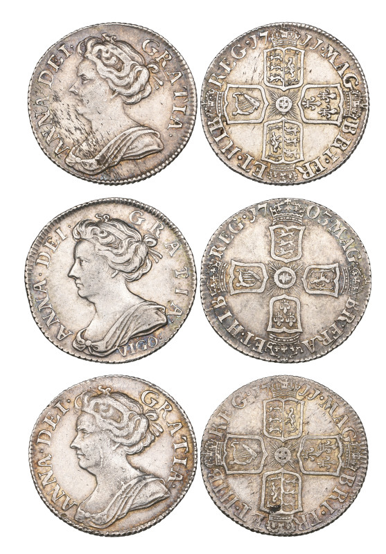 Anne, sixpences (3), 1703 VIGO, 1711 large lis (2) (E.S.C. 1446, 1461 (2); S. 35...