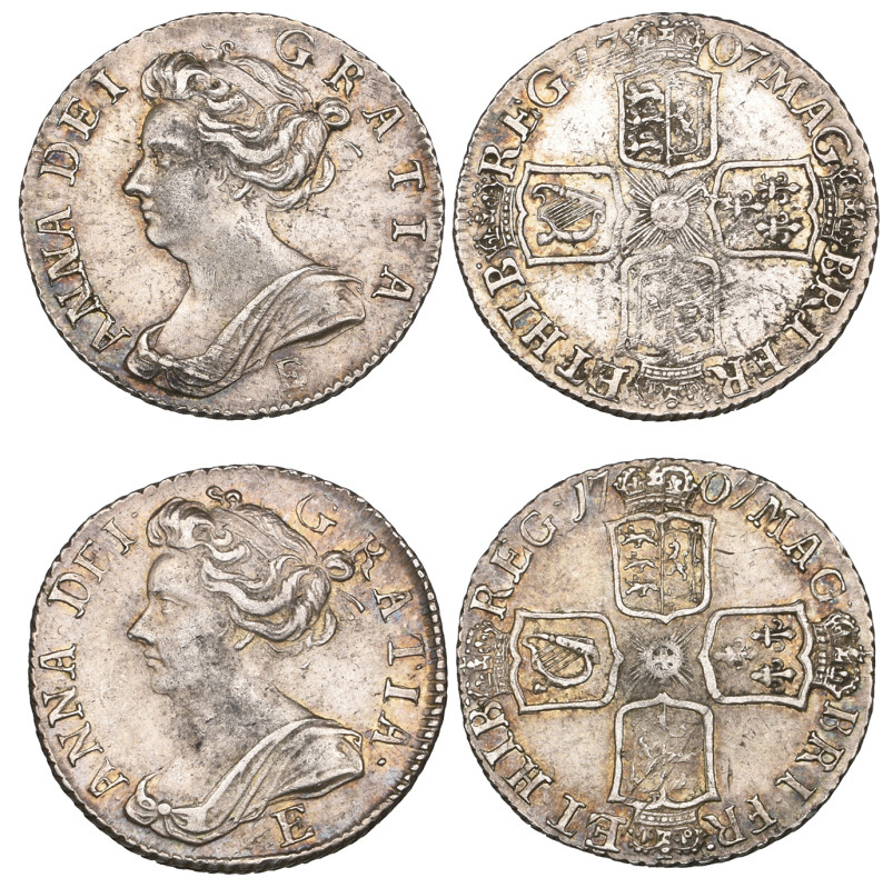 Anne, sixpences (2), both 1707 E (E.S.C. 1464; S. 3618), both reverses with adju...