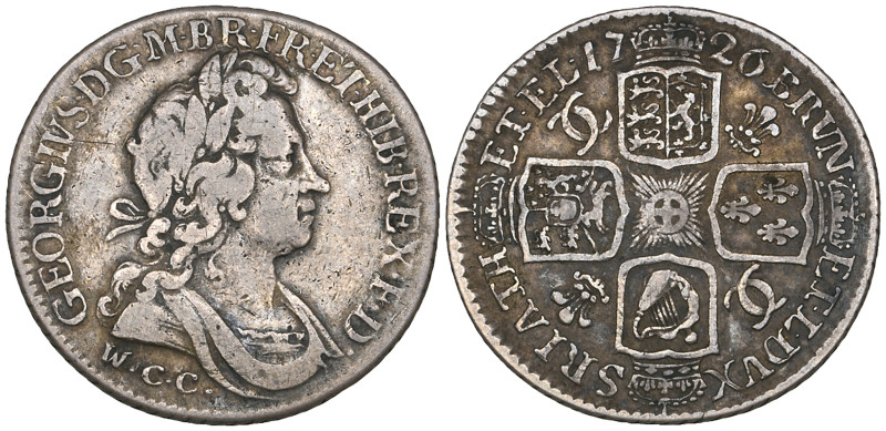 George I, shilling, 1726 WCC, W.C.C. (for Welsh Copper Company) below second bus...