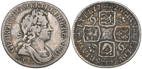 George I, shilling, 1726 WCC, W.C.C. (for Welsh Copper Company) below second bust, rev., plumes and interlinked C’s in angles (E.S.C. 1187; S. 3650), ...