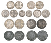 George I – George II, shillings (2), 1723 SSC, C over SS first bust, 1758, sixpences (4), 1723 SSC, 1758 over 7 (2), 1758, threepence, 1717 (S. 3647, ...