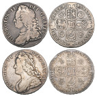 George II, young head, crown, 1735 roses and plumes (E.S.C. 1663; S. 3686), edge bruise, very good to fine; together with old head, crown, 1743 roses ...