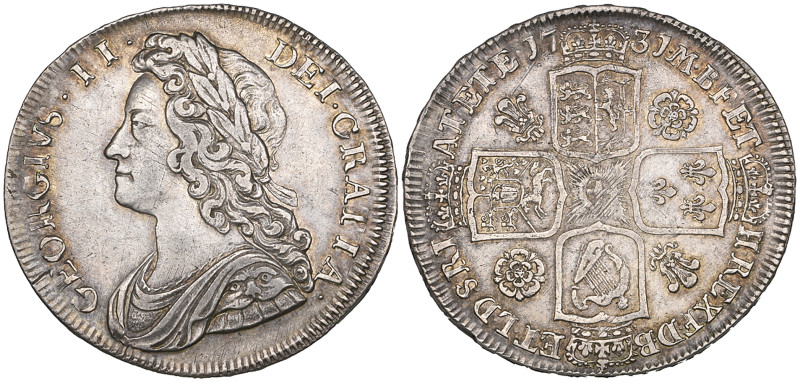 George II, halfcrown, 1731 roses and plumes, young head (E.S.C. 1674; S. 3692), ...