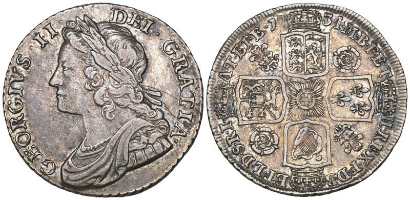 George II, shilling, 1734 roses and plumes (E.S.C. 1706; S. 3700), surface marks...