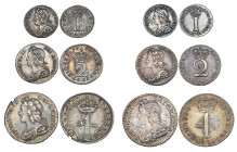 George II, small silver coins (6), comprising fourpences (2), 1729, this flawed, 1746, twopences (2), 1729, 1746 and pennies (2), 1729, 1760, generall...