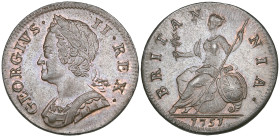 George II, old head, halfpenny, 1751 (B.M.C. 881; S. 3719), virtually as struck, with considerable mint lustre

Estimate: 200 - 300