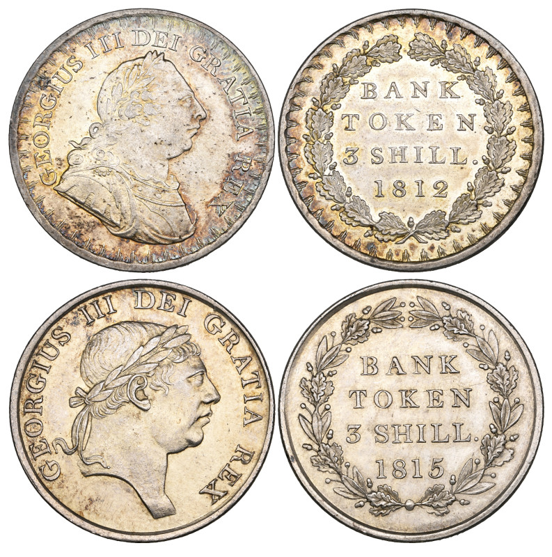 George III, Bank tokens for 3 shillings (2), 1812 first bust, 1815 second bust (...
