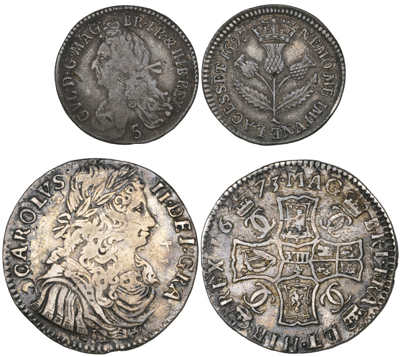 Scotland, Charles II, merk, 1673 (S. 5611), struck from clashed dies apparently ...