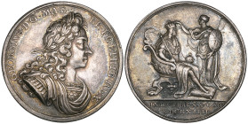 George I, Coronation, 1714, official silver medal, by J. Croker, laureate, armoured and draped bust right, rev., the King enthroned and crowned by Bri...