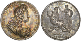 George I, Coronation, 1714, official silver medal, another similar, by J. Croker, laureate, armoured and draped bust right, rev., the King enthroned a...