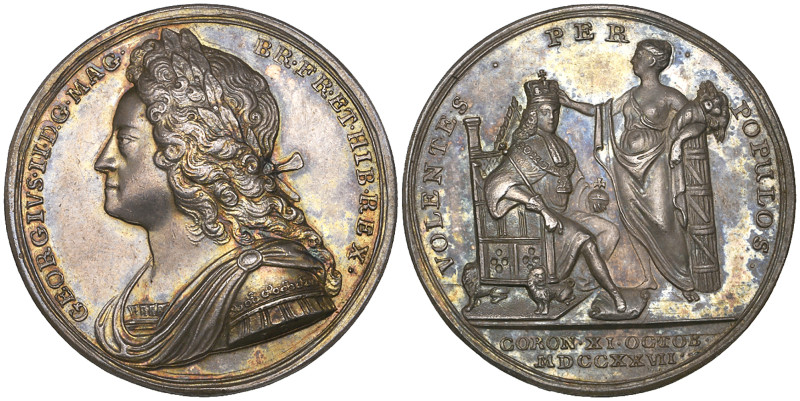 George II, Coronation, 1727, official silver medal, by J. Croker, laureate, armo...