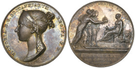 Victoria, Coronation, 1838, official silver medal, by Benedetto Pistrucci, rev., Britannia, Scotia and Hibernia offering crown to the Queen enthroned,...