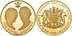 Elizabeth II, Marriage of Prince Charles and Lady Diana Spencer, 1981, large gold medal, by Spink & Son, facing busts of the couple with Prince of Wal...