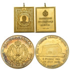 Jordan, Hussain b. Talal, a rectangular gold pendant in the style of a postage stamp, 1977, by Huguenin of Le Locle, 40.5 x 32mm, 37.91g, 18 ct. fine,...