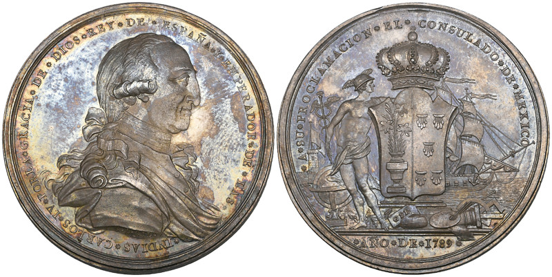 Mexico, Carlos IV, Proclamation in Mexico City, 1789, silver medal, Consulado is...