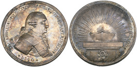 Mexico, Carlos IV, Proclamation in Chihuahua, 1790, silver medal, signed GIL, King’s bust right wearing sash, rev., radiant biretta upon an altar ador...