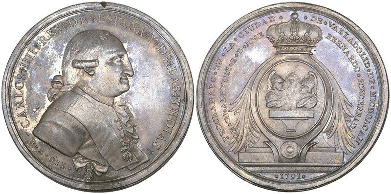 Mexico, Carlos IV, Proclamation in Valladolid, 1791, silver medal, by Gil, King’...