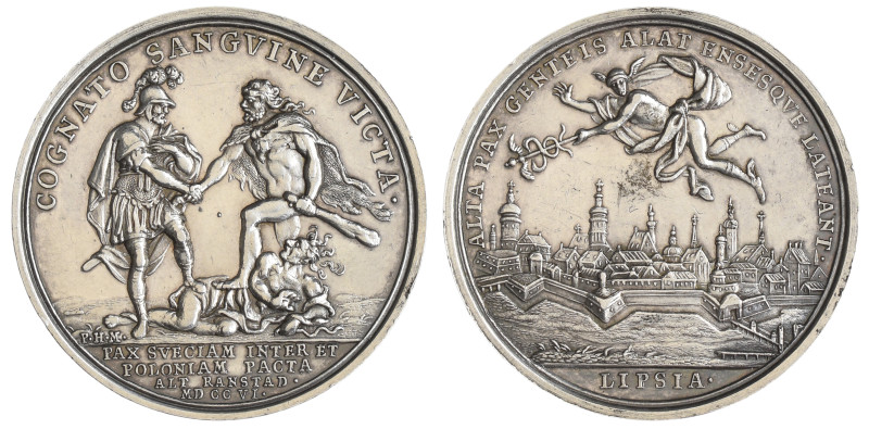 Poland, Peace of Altranstadt, 1706, silver medal by P.H. Müller, Hercules and a ...