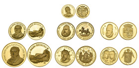 Spain, modern gold portrait medals and medalets (7), with busts of Jaime I of Aragon, Ferdinand and Isabella, Charles V, Philip II, Miguel de Cervante...