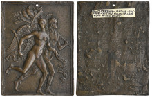 Italy, Moderno (1467-1528), Mars and Victory, bronze plaquette, Mars hastening to right, carrying trophy and clasping the arm of naked Victory who hol...