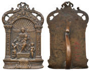 After Moderno (late 15th century), Virgin and Child with two Cherubs, bronze pax, the Virgin and Child on a raised plinth inscribed AVE REGINA CELORVM...