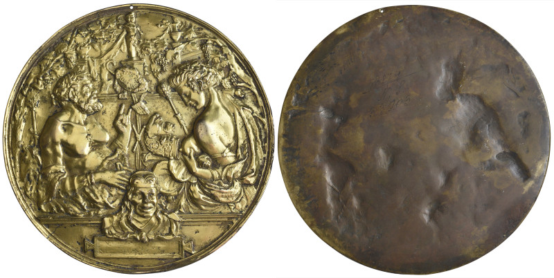 Italy, Master of the Martelli Mirror, A Satyr and a Bacchante, bronze-gilt plaqu...