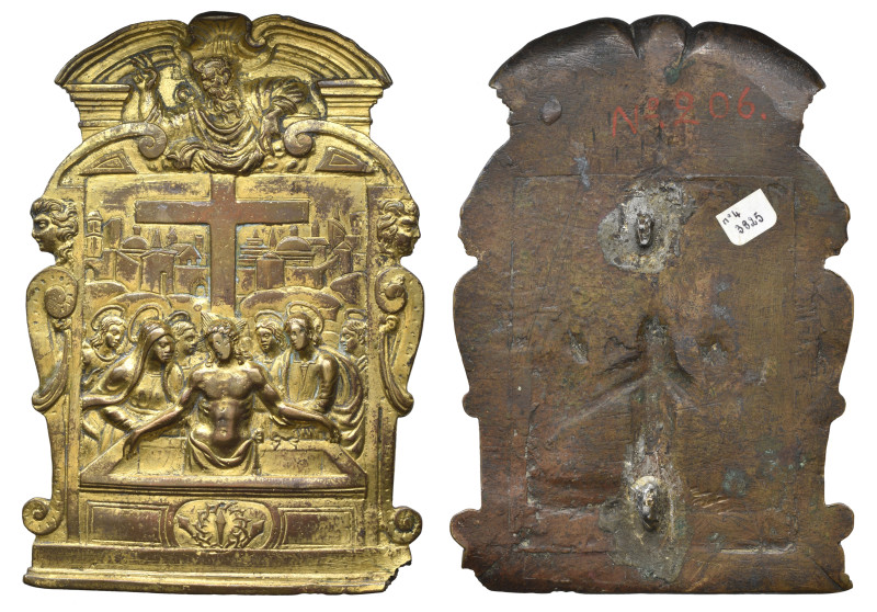 North Italian (16th century), The Entombment, bronze-gilt pax, the dead Christ, ...