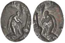 Netherlandish (17th century), St Jerome, oval silver repoussé plaquette, St Jerome kneeling before the cross, his lion in the background, 56 x 42mm, c...