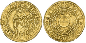 Germany, Frankfurt, Sigismund (1410-1437), goldgulden, undated, John the Baptist holding Lamb in his left hand, annulet in field below, rev., orb in q...