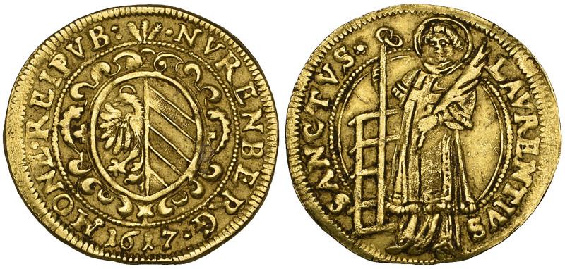 Germany, Nuremberg, goldgulden, 1617, rev, St. Lawrence holding gridiron, 3.16g ...
