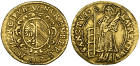 Germany, Nuremberg, goldgulden, 1617, rev, St. Lawrence holding gridiron, 3.16g (Kellner 25; KM 25.2; F. 1810), lightly clipped, very fine and clear
...