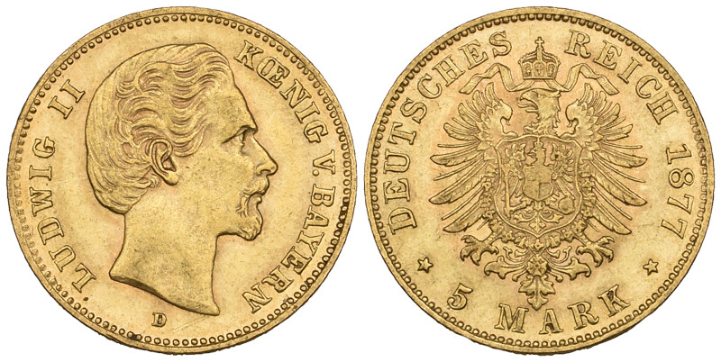 g Germany, Bavaria, Ludwig II, 5 marks, 1877 D (J. 195; F. 3767) good very fine...