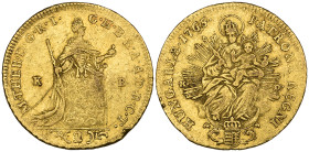 Hungary, Maria Theresa, 2 ducats, 1765, another similar’ Maria Theresa standing right holding orb and sceptre, rev., Madonna and Child, 6.96g (F. 179)...