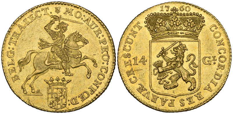 Low Countries, Utrecht, 14 gulden, 1760, 9.95g (F. 288), extremely fine, with so...