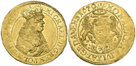 ‡ Poland, Danzig, Michael Korybut (1669-73), ducat, 1670 over 69, crowned City arms with lion supporters, D – L (for Daniel Lesse, mintmaster in Danzi...