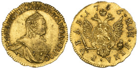 Russia, Elizabeth, gold rouble, 1756, Red mint, Moscow, rev., arms on double-headed eagle, obverse legend ends ВСЕРОС, 1.60g (Diakov 389; F. 116), on ...