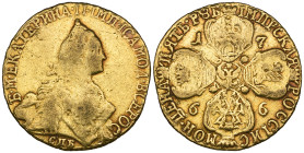 Russia, Catherine II, 5 roubles, 1766, St Petersburg mint, similar to the last, 6.49g (Diakov 125; F. 130a), has apparently been carried as a ‘pocket ...