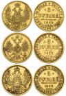 g Russia, Nicholas I – Alexander II, 5 roubles (3), 1849, 1852, 1877, the second cleaned and the last with an edge nick, about very fine (3)

Estima...