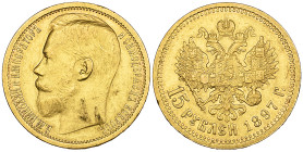 g Russia, Nicholas II (1894-1917), 15 roubles, 1897, broad rim, last two letters of obverse legend beneath truncation of bust (F. 177), scraped on Tsa...