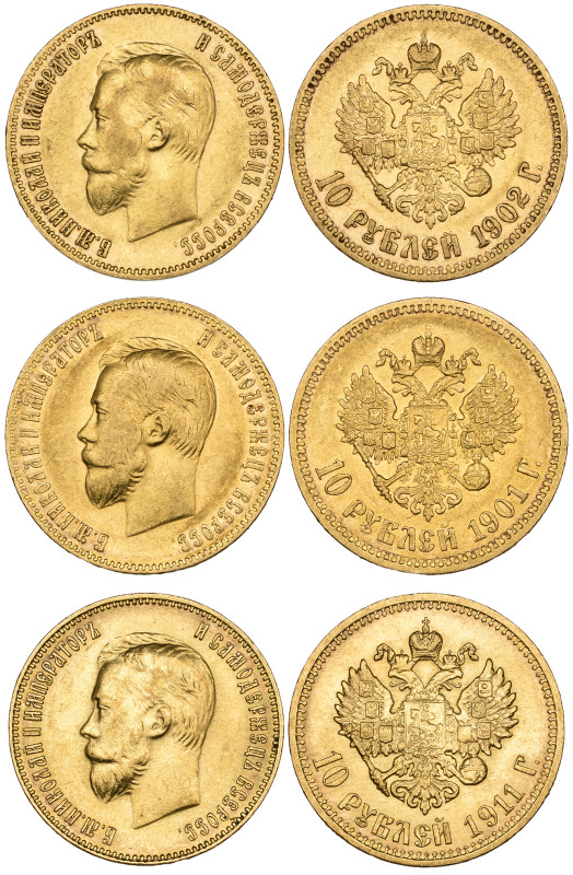 g Russia, Nicholas II, 10 roubles (3) 1901 ФЗ, 1902 АР, 1911 ЭБ (F. 179), good v...