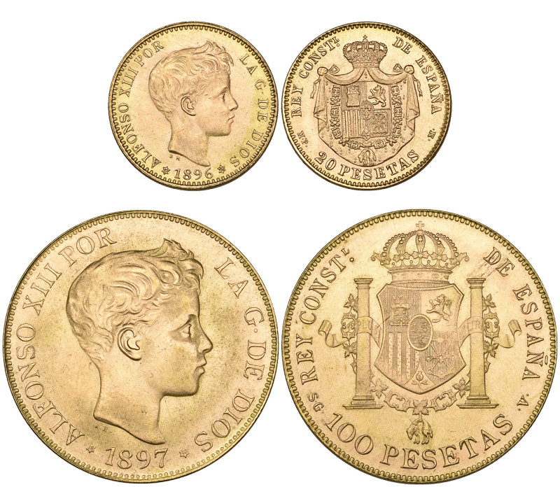 g Spain, restrike 20 pesetas, 1896/1962 and 100 pesetas, 1897/1962, mint state (...