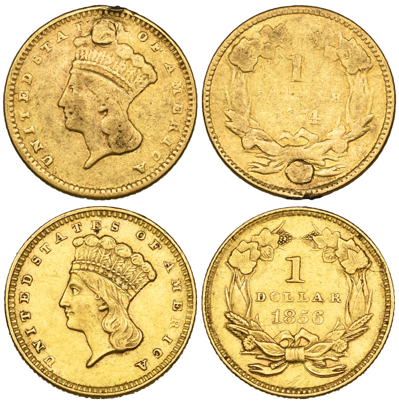 U.S.A., gold dollar, 1856, slanting 5 in date, good very fine; with another, 187...